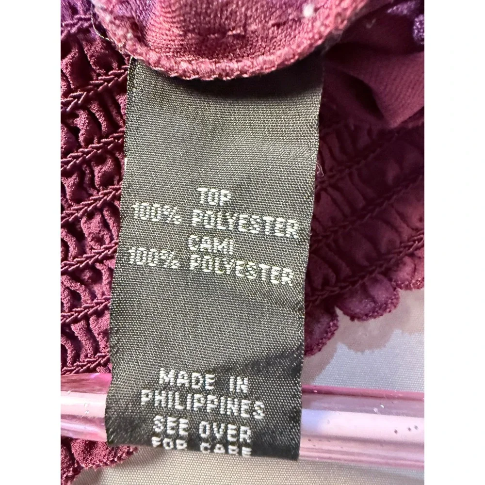 By & By Womens Smocked Waist Chiffon Blouse Split Flutter Sleeve Burgundy Large - Picture 3 of 5